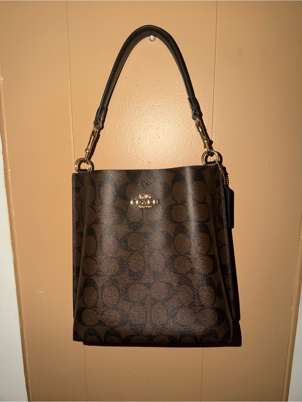 Coach Dark Brown Signature Canvas Shoulder Tote with Gold Hardware